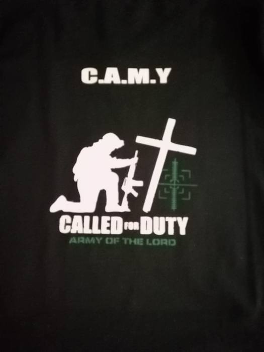 Black ministry t-shirt printed C.A.M.Y, Called for Duty, Army of the Lord, with a kneeling soldier and a cross