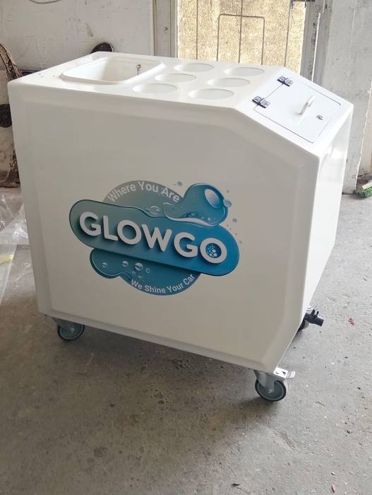 Mobile car-wash trolley finished with a printed GlowGo decal reading Where You Are, We Shine Your Car