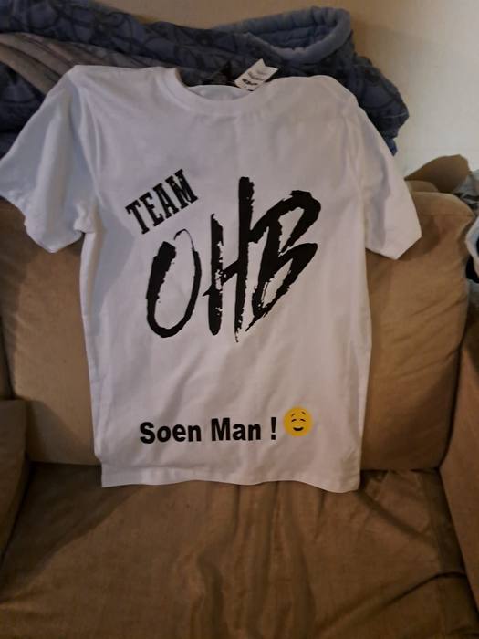 White t-shirt printed Team OHB in brush lettering above the words Soen Man